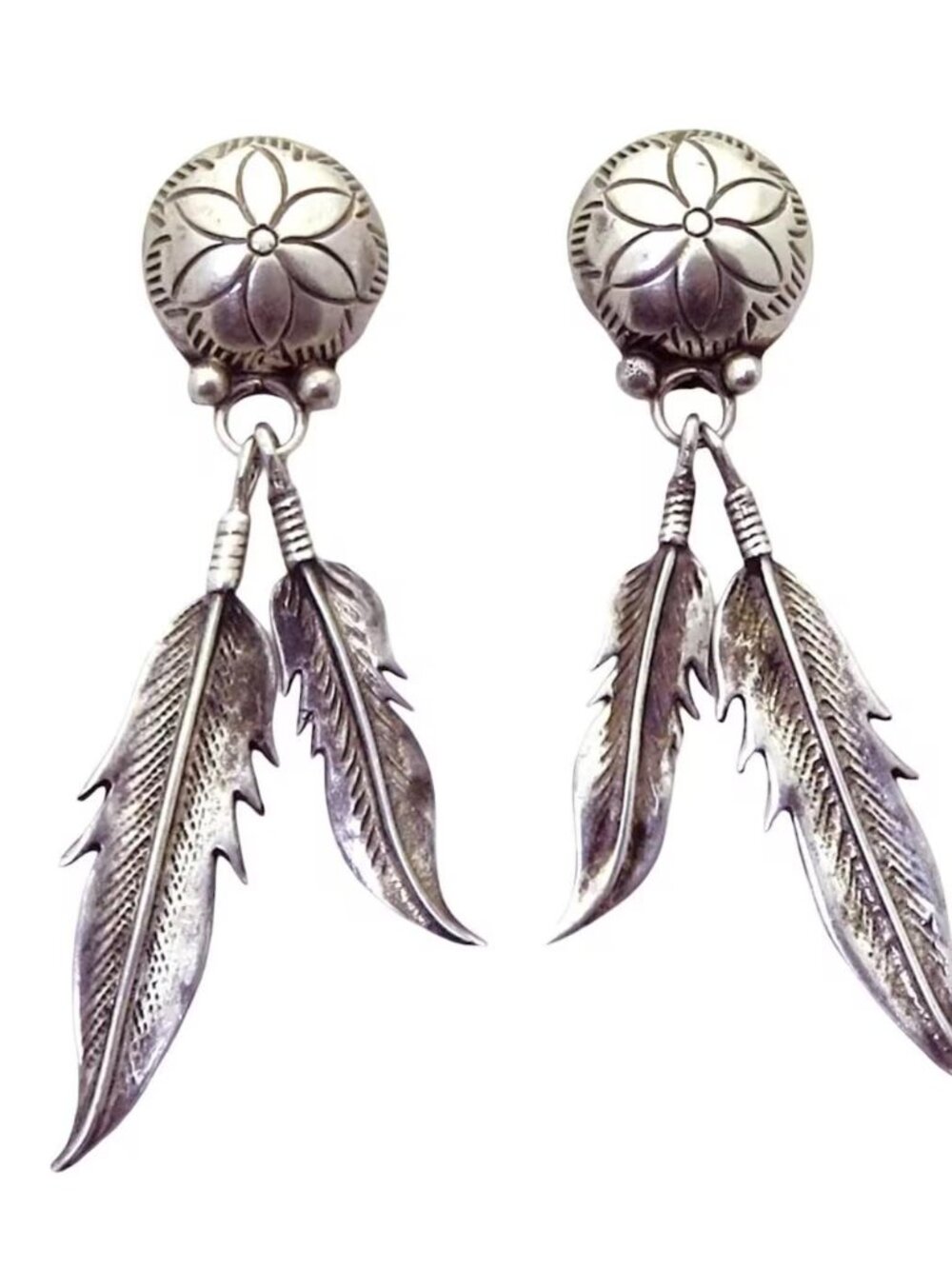 VTG Sterling Silver Navajo Old Pawn Concho Flower Dome Dangle Feather Earrings